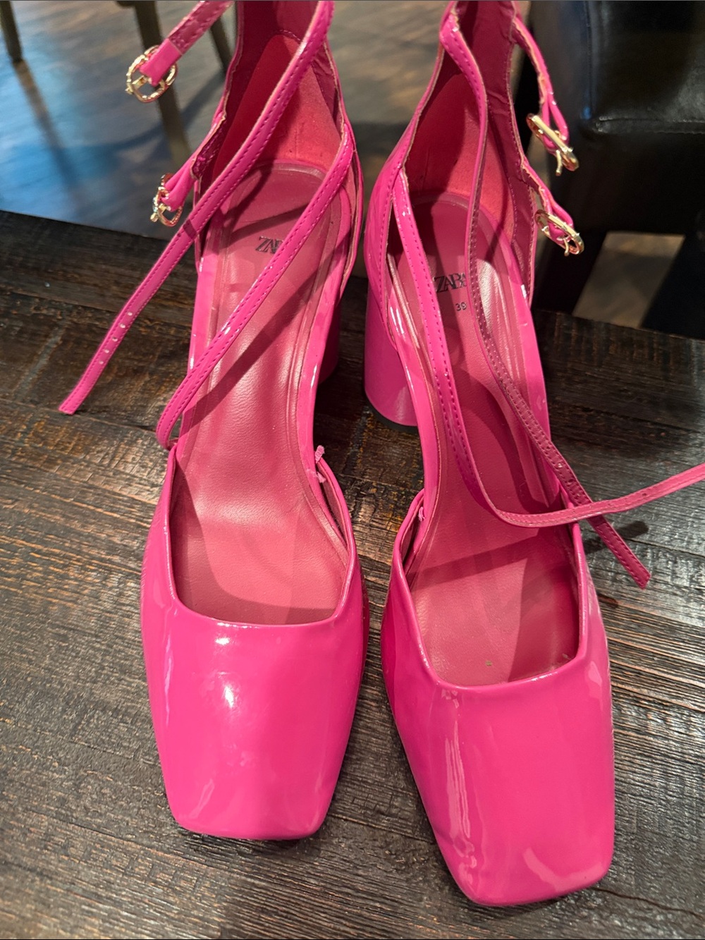 Zara Bright Pink Patent Block Heel Ankle-Tie Pumps
